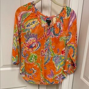 Ralph Lauren Orange and Blue Graphic Blouse with 3/4 Sleeves